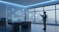 Professional businessman presenting cloud computing technology in modern office with holographic display and city skyline view through windows.