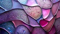 Abstract layered shapes with crackled texture in purple, pink and blue tones creating dimensional artistic background with curved organic forms and metallic effect.