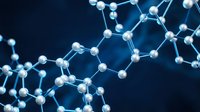 Molecular structure with connected atoms and bonds on dark blue background for scientific research, chemistry education and biotechnology presentations.