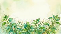 Watercolor botanical border with green foliage and delicate flowers on aged cream background, suitable for wedding invitations, stationery design and decorative layouts.