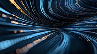 Glowing blue and orange light trails create dynamic tunnel effect with bokeh particles, abstract technology background for digital transformation concepts.