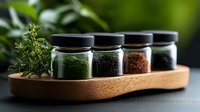 Four glass spice jars with black lids containing colorful herbs and spices arranged on wooden tray with fresh thyme, perfect for culinary cooking and seasoning.