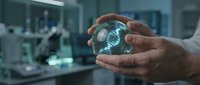 Young male scientist of African descent holding glowing DNA helix hologram in laboratory setting, representing genetic research, biotechnology innovation, and scientific discovery in modern lab environment.