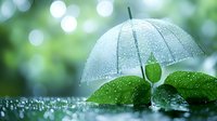 Young green plant sprout protected by tiny crystal umbrella in rain, water drops on leaves against soft bokeh background, nature protection concept.