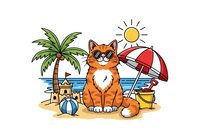 Orange and white cat sitting on sandy beach with palm tree, beach ball, red umbrella, and bright sun in background. Isolated clipart suitable for summer designs, t-shirts, and children's graphics.