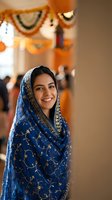 Young South Asian woman in blue traditional dupatta smiling at cultural celebration with colorful decorations and festive atmosphere in background.