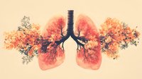 Anatomical lungs and bronchi transformed into blooming spring branches with coral and peach watercolor flowers creating ethereal medical art composition on beige background.