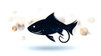 Mystical dark blue fish silhouette with starry cosmic pattern swimming among floating pearls against white background, decorative fantasy illustration.