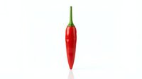 Fresh red chili pepper with green stem isolated on white background, ready for culinary, food packaging, and recipe design projects.