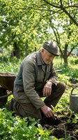 Senior Caucasian male gardener in flat cap planting seedlings in organic vegetable garden under green tree canopy on sunny spring day.