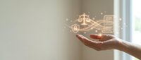 Hand holding glowing digital justice scales with legal icons and data visualization elements representing law technology and legal services innovation.