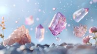 Magical floating crystals and amethyst gems with pink flowers against dreamy blue background, mystical mineral stones levitating in soft light with bokeh effect.