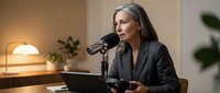 Professional mature woman with gray hair speaking into microphone during podcast recording session in modern home office studio setup.