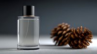 Elegant glass perfume bottle with black cap next to pine cones on minimalist surface against dark background, showcasing luxury fragrance product.