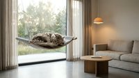 Tabby cat relaxing in modern window hammock bed in contemporary living room with natural light and minimalist decor for pet comfort and home design.