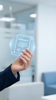 Businesswoman holding glowing digital contract hologram in modern office, symbolizing smart agreement, e-signing, and future of legal technology.