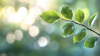 Fresh green leaves on branch against soft bokeh background with morning sunlight creating dreamy natural atmosphere. Suitable for wellness and spring themes.