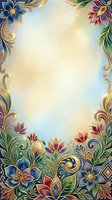 Ornate floral border frame with colorful blooms and golden scrollwork on soft gradient background, isolated on white for invitations, cards, and design projects.