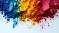 Vibrant colorful powder pigments scattered in rainbow gradient from blue to red on white background, macro photography showing texture and detail of cosmetic makeup powder.