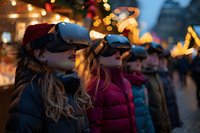 Group of young people wearing VR headsets outdoors during winter evening with festive Christmas lights creating magical holiday atmosphere. Perfect for technology, entertainment and seasonal content.