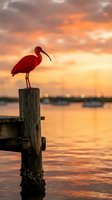 Scarlet ibis bird perched on wooden dock post at golden sunset over calm water with dramatic orange sky clouds reflecting on surface creating serene waterfront scene.