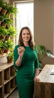 Smiling Caucasian businesswoman in green dress holding cryptocurrency coin in modern office with plants showcasing digital finance and investment success.
