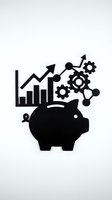 Piggy bank with growth chart and gears symbolizing financial planning, investment strategy and business development on white background.