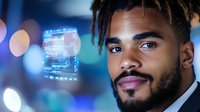Young African American businessman with dreadlocks working late in modern office with digital technology and city lights bokeh background.