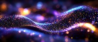 Glowing cosmic wave of colorful particles flowing against dark background with bokeh lights, creating magical atmosphere for digital art projects.