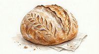 Freshly baked artisan bread loaf with decorative wheat pattern crust on linen cloth, rustic bakery style for culinary and food photography projects.