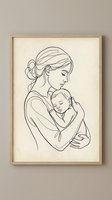 Minimalist line art of tender mother holding sleeping newborn baby in wooden frame on neutral wall for nursery decor and motherhood celebration.