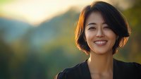 Young Asian woman with short black hair smiling confidently outdoors at sunset, wearing black top against blurred mountain landscape background, radiating positive energy and joy.