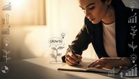 Young Hispanic businesswoman writing growth strategy plan with financial charts and innovation icons in modern office setting for business development.