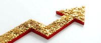 Upward trending arrow covered in gold sequins on red base, symbolizing financial growth, success, and rising profits for business presentations.