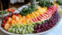 Fresh colorful fruit platter with rainbow arrangement of strawberries, oranges, pineapple, watermelon, grapes and herbs on white serving plate for party buffet.