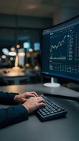 Financial trader analyzing stock market data on computer monitor with hands typing on keyboard in modern office environment at night.