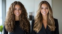 Two young diverse women with long wavy hair styles, one brunette with natural curls and one blonde with styled waves, both wearing black, smiling at camera in studio setting.