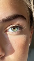 Close-up of green eye with long eyelashes and defined eyebrow in natural sunlight showing skin texture and facial features in warm golden lighting.