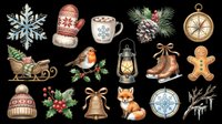 Festive winter holiday collection with snowflake, mittens, hot cocoa, robin, lantern, ice skates, gingerbread man, compass, sleigh, bell, ornament, poinsettia, fox and iced branches isolated on transparent background for t-shirt design, stickers, clipart and print-on-demand projects.