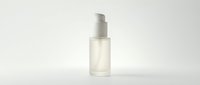 Transparent glass bottle with pump dispenser containing clear liquid serum or facial oil on neutral background for skincare and cosmetic product packaging design.