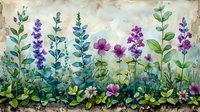 Watercolor garden border with purple wildflowers, blue delphinium, and green foliage against textured background. Decorative floral art for nature-inspired designs.