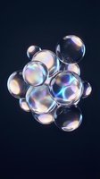 Iridescent soap bubbles cluster floating against dark navy background with rainbow reflections and translucent spherical forms for modern design projects.
