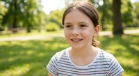 Happy young Caucasian girl with braided hair smiling outdoors in sunny park wearing striped shirt. Natural childhood portrait for family lifestyle content.
