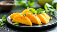 Fresh ripe mango slices garnished with basil leaves and black pepper on dark ceramic plate, vibrant tropical fruit composition with blurred background.
