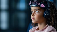 Young African American girl wearing floral cap and headphones gazes upward with hopeful expression against blurred background, dressed in pink sweater.