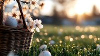 Easter eggs in wicker basket with blooming cherry blossoms against sunset meadow background, creating magical spring atmosphere with bokeh lights.