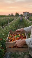 Farmer holding wooden crate filled with fresh colorful tomatoes at sunset in organic vegetable garden with greenhouse in background for harvest concept.