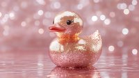 Glittering rose gold rubber duck on pink background with bokeh lights and water reflections, decorative bathroom or nursery element.
