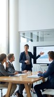 Female professional of South Asian descent presenting market analysis data to diverse business colleagues in modern conference room setting, suitable for corporate training, business presentations, and financial reporting materials.