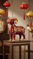 Red and gold decorative ram figurine with traditional Chinese patterns on wooden table surrounded by hanging paper lanterns for lunar new year celebration.